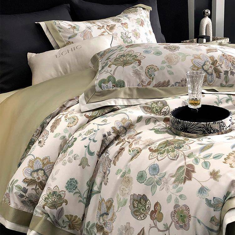 轻奢风100套SY3贡缎全棉四件套美式花卉数码印纯棉花宽上边被床用