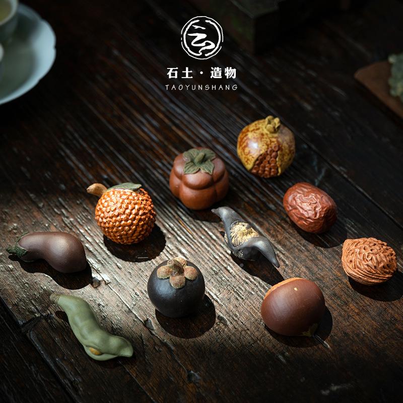 9W玩F76S6787R宜兴紫砂宠摆件仿茶真水果蔬O菜柿子石榴荔枝山竹手