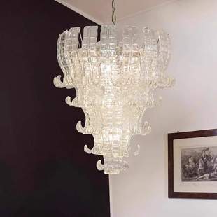 法式粉色玻璃吊灯别墅楼梯挑空灯中古新款餐厅灯大灯玻璃吊灯