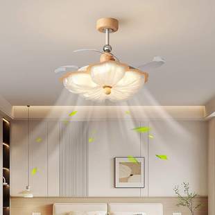法式奶油风隐形风扇灯复古水晶砂花朵静音餐厅吊扇灯卧室电扇灯具