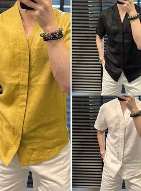 东先生男装東•  轻奢男士亚麻V领简约衬衫