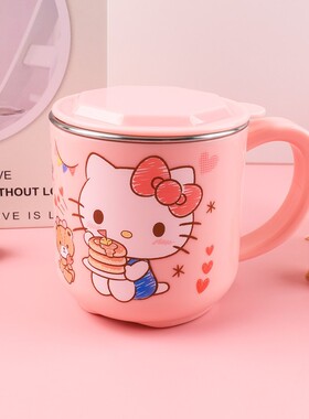 kitty猫304不锈钢水杯宝宝kt猫直饮牛奶杯幼儿园口杯带盖卡通女孩