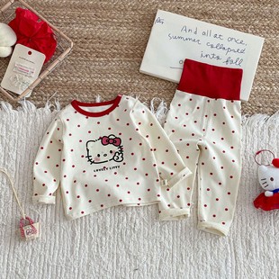 kt猫女童棉质家居服宝宝卡通秋衣儿童kitty睡衣豹纹护肚裤两件套