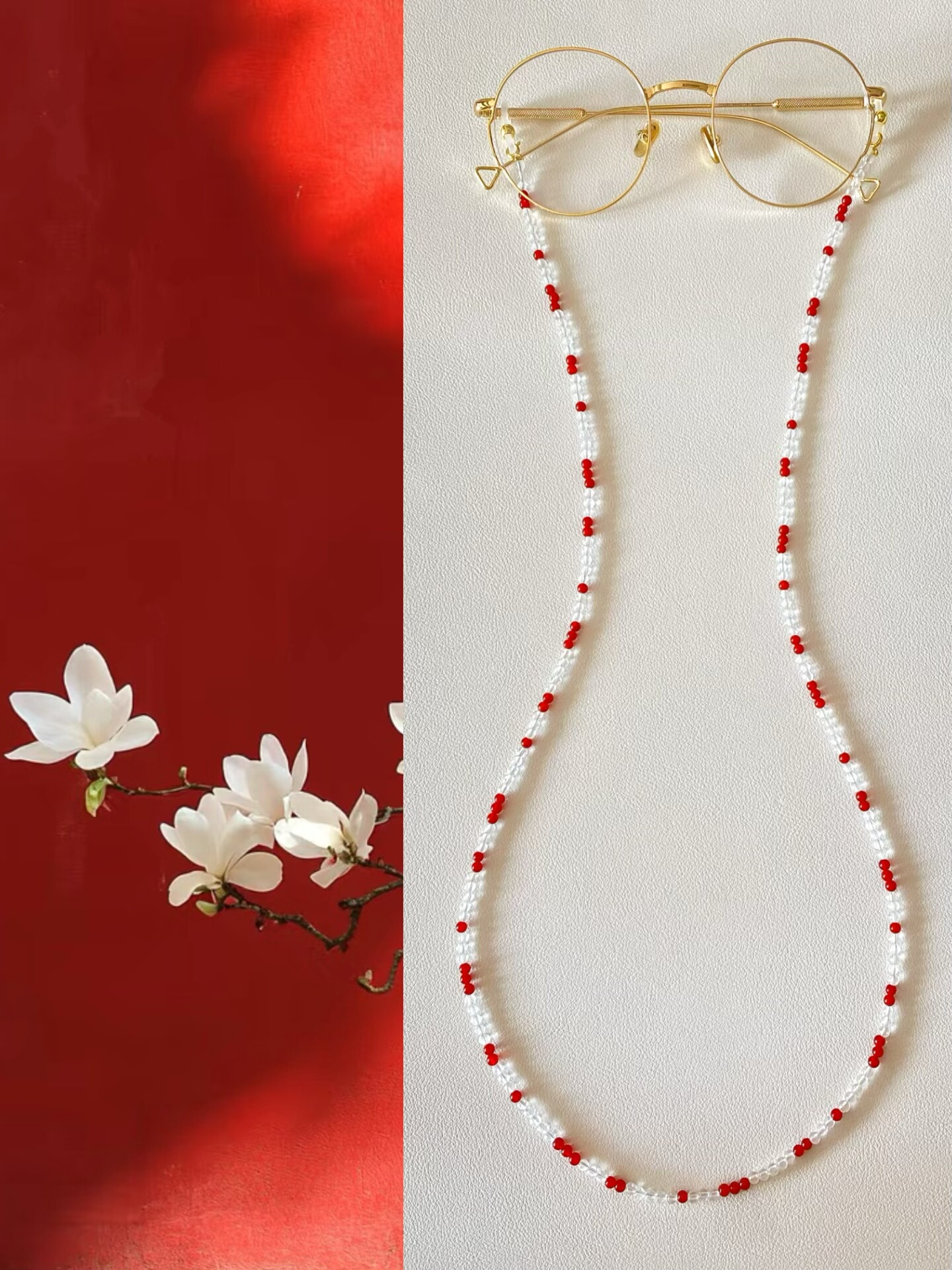 原创「兮颜」国风白水晶眼镜链S925耳机链项链新中式红玛瑙墨镜链