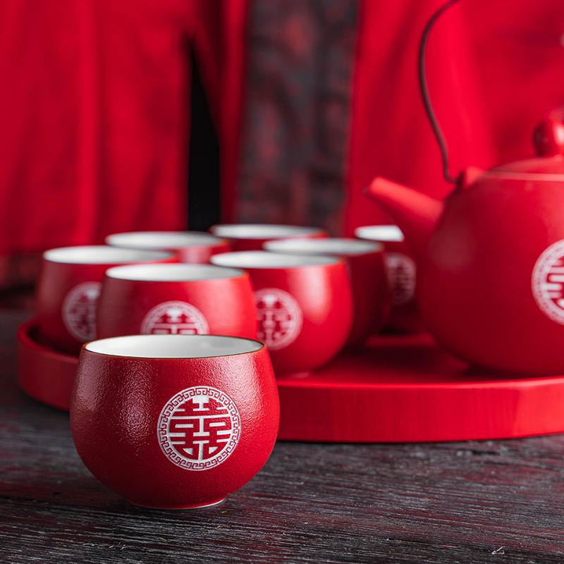结婚茶具礼盒套装中式陶瓷红v色敬茶杯婚庆送礼用品敬茶壶改口茶