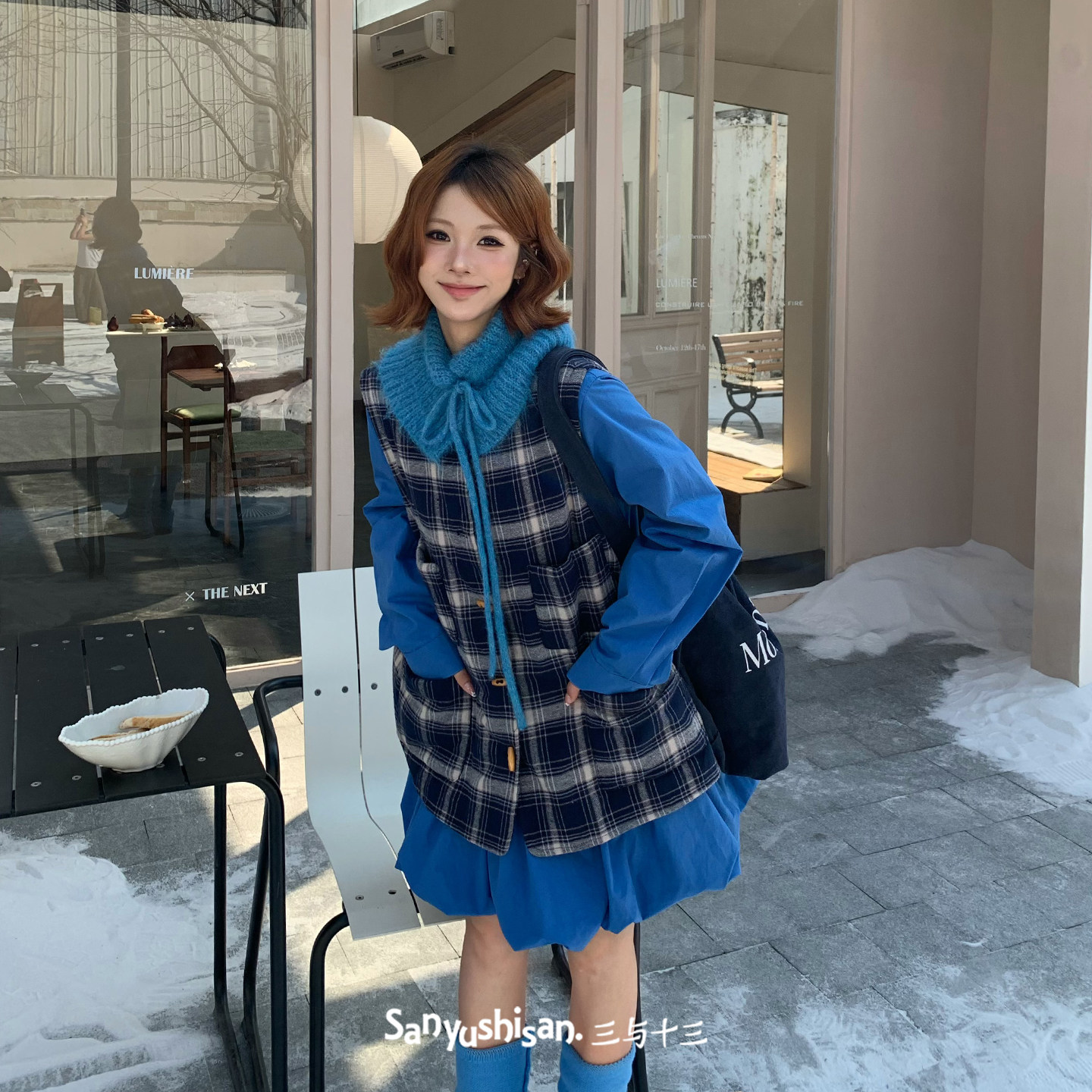 三与十三|蓝格书卷|秋季撞色格纹开衫上衣女宽松显瘦叠穿马甲背心
