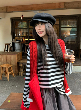 三与十三|条纹定律|春季经典条纹设计百搭上衣圆领正肩长袖T恤女