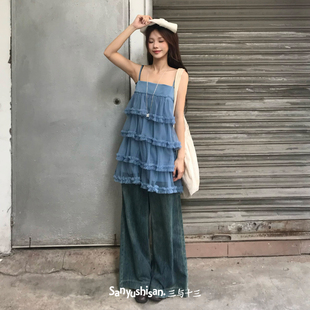 三与十三|蓝屿蛋糕|夏季宽松显瘦网纱吊带裙女双层设计感连衣裙女