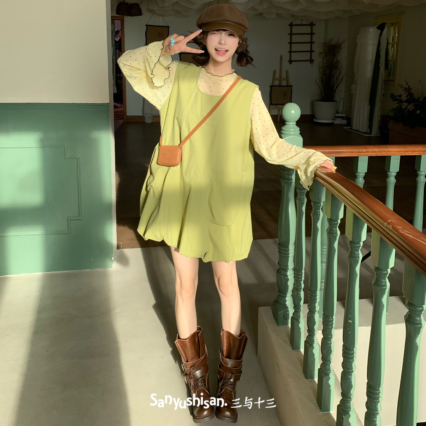 三与十三|秋序|秋季宽松百搭显瘦花苞裙甜美风带口袋背心连衣裙女