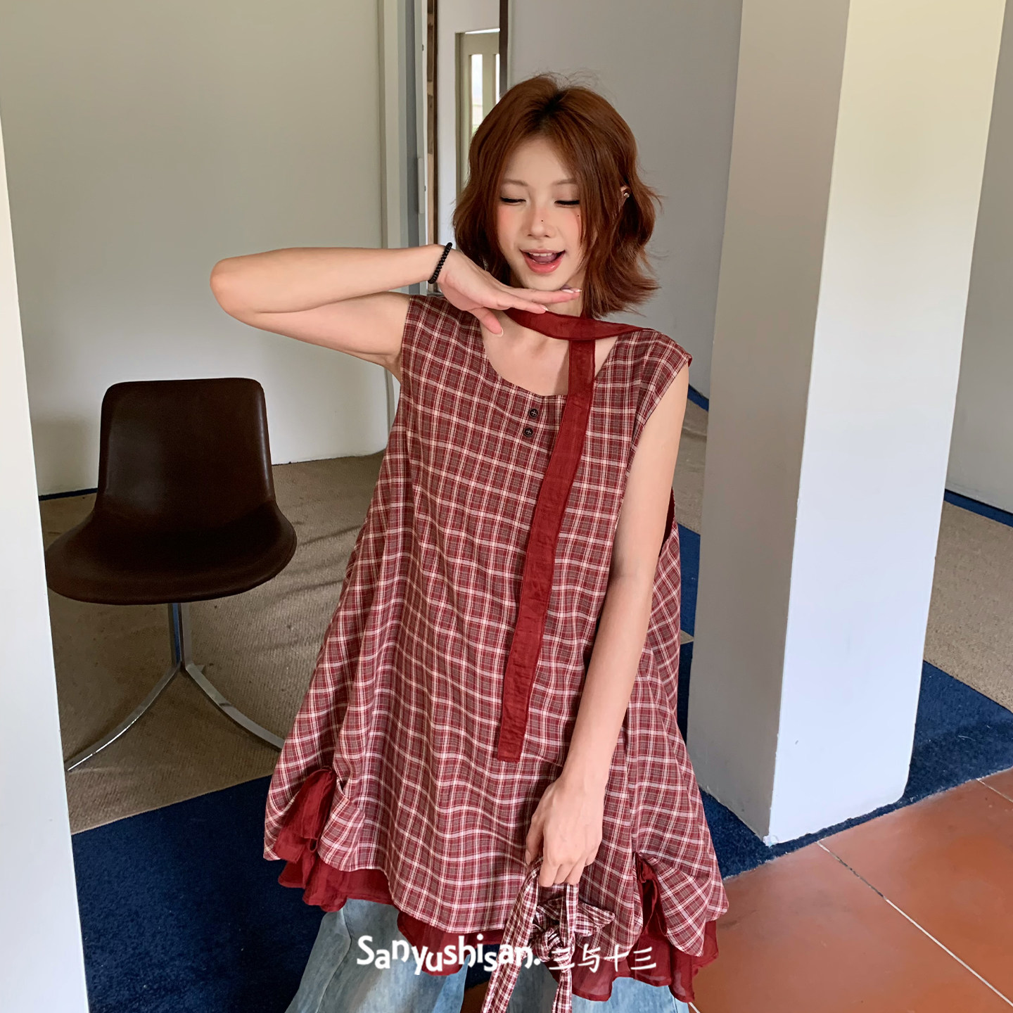 三与十三|酒格叙|夏季经典格纹背心裙女拼接下摆宽松显瘦连衣裙女