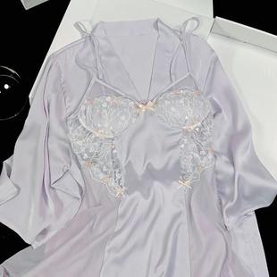 纯欲法式蕾丝吊带睡裙显瘦带胸垫春秋季冰丝绸睡衣女外袍夏家居服