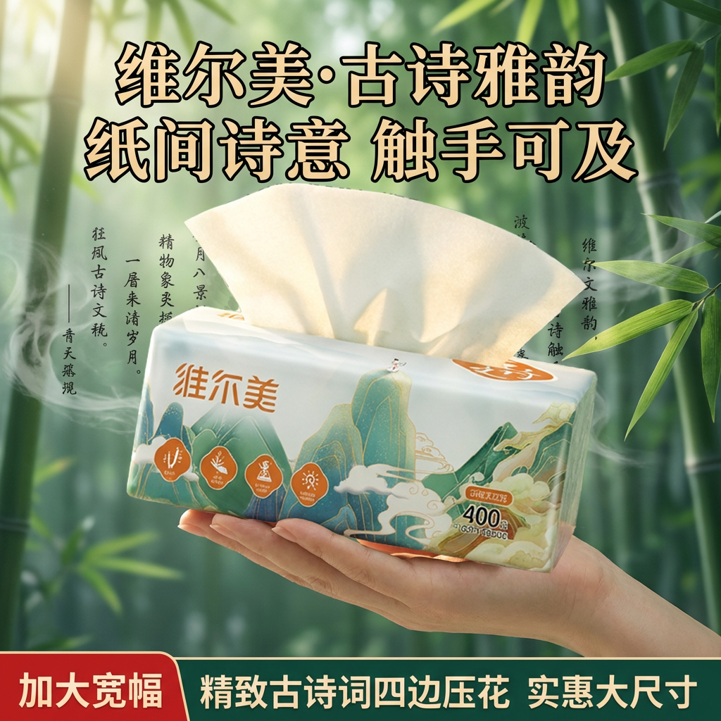 维尔美古诗抽纸L码80抽整提10包1.3kg5层厚原生竹浆面巾纸餐巾纸