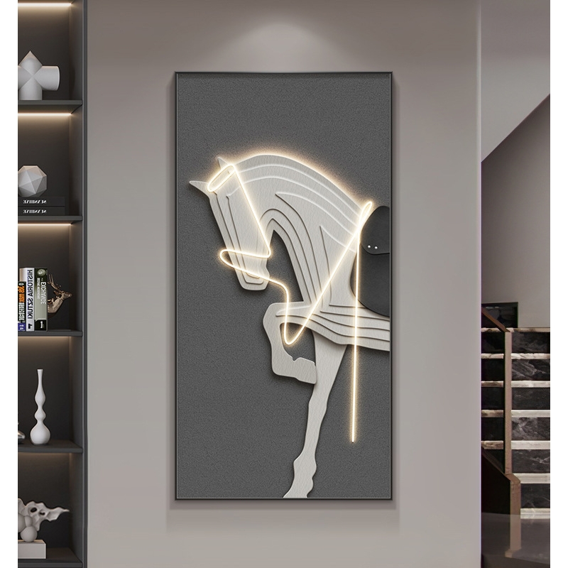 意式极简玄关装饰画led灯画时尚感骏马入户墙面挂画竖版客厅壁画图片