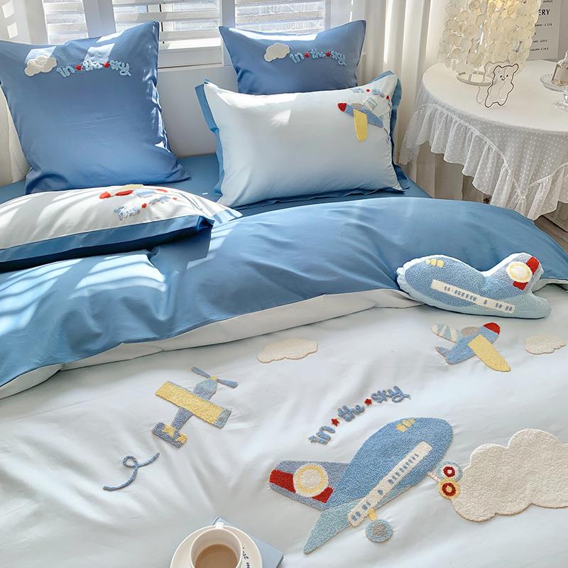 卡通男孩WZ102384宇航棉飞机100支长绒四上件套全床棉毛巾绣被套