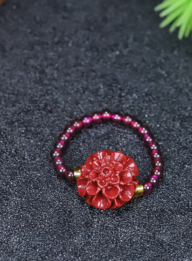 轻奢设计朱砂石榴石玫瑰花戒指女