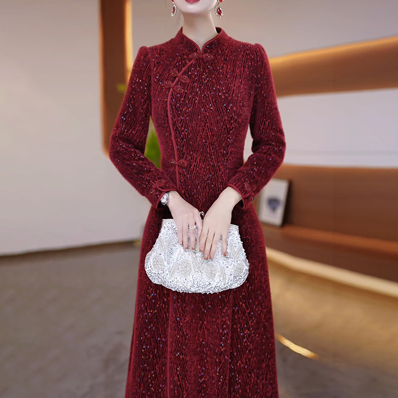 现货速发改良旗袍连衣裙2025新款秋冬高端喜婆婆婚宴妈妈礼服配大