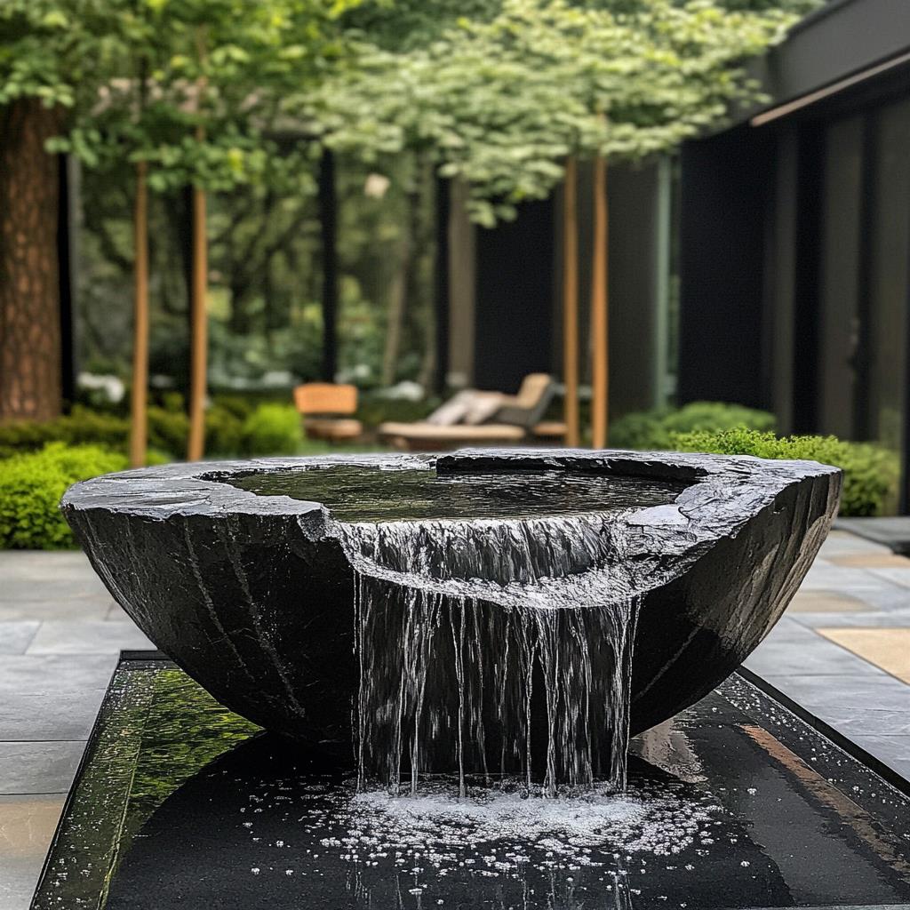 黑山石水碗，流水盆，庭院中式泉石雕，喷水园林景观石碗，异型水