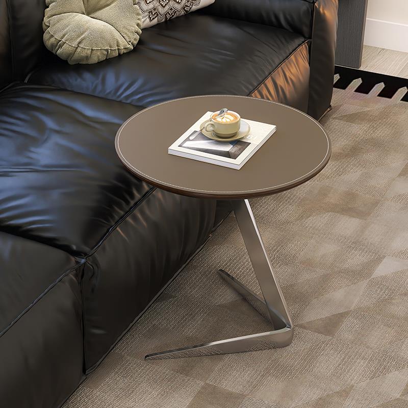 不锈钢轻奢马鞍皮边几家用客厅沙发圆形小角几意式极简设计师茶几