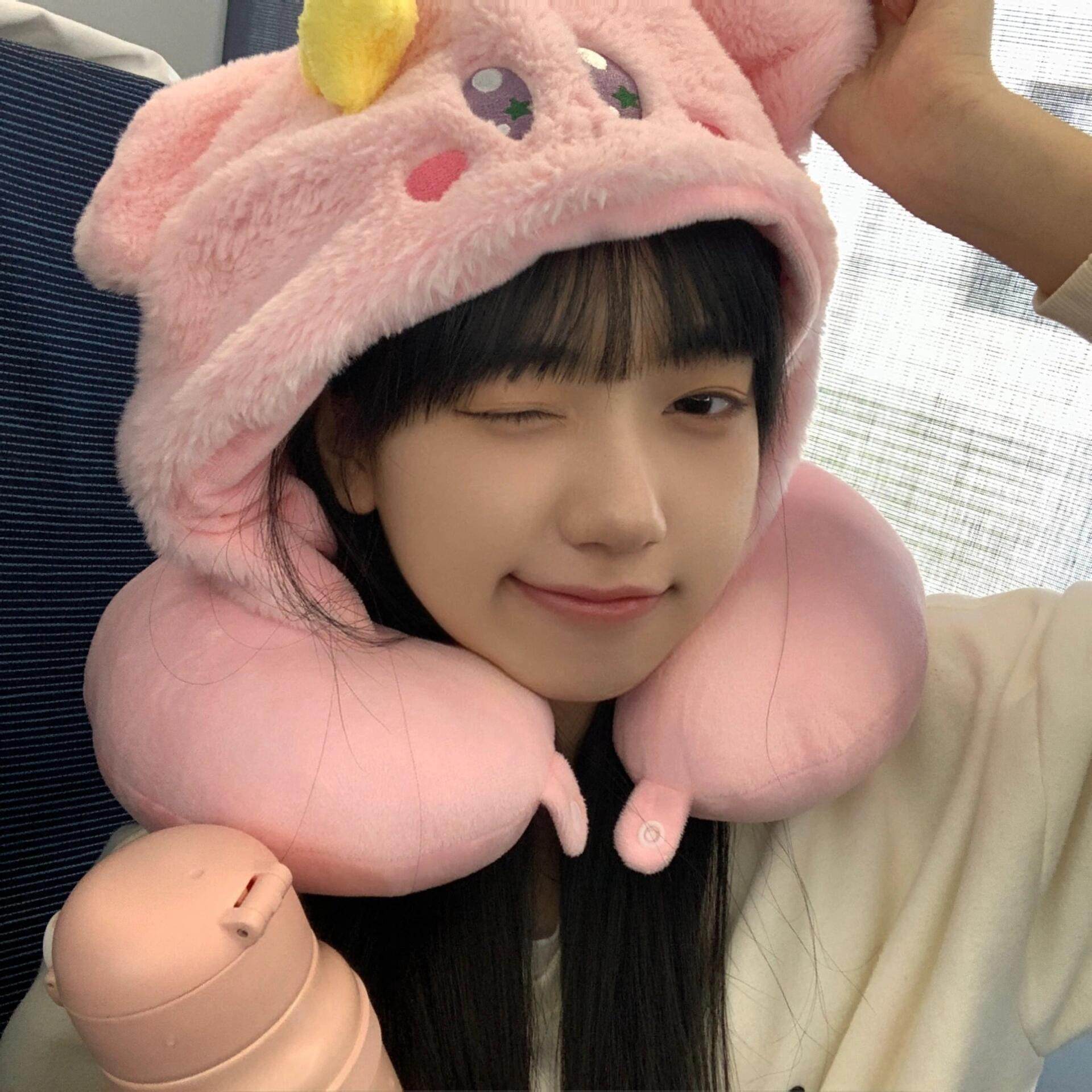 星之卡比连帽U型枕旅游枕头便携办公室午睡护颈枕记忆棉学生儿童