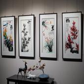 客厅沙发背景墙新中式 梅兰竹菊纯手工刺绣画四条屏苏绣挂画装 饰画