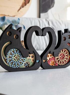 梯木叠雕爱心猫摆件情侣礼物可刻字乔迁新居装饰轻奢客厅小工艺品