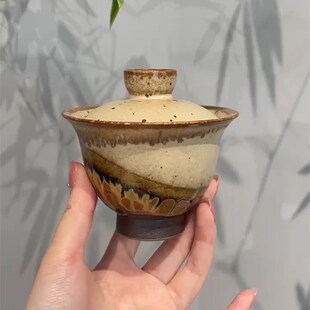 惊蛰 老岩泥手工柴烧窑变盖碗茶碗泡茶器粗陶中式家用落日盖碗