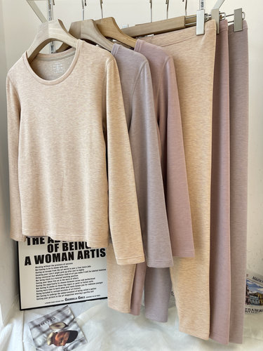 古妃冬季板蓝根蚕丝女士圆领加绒保暖修身内衣套装秋衣秋裤自发热