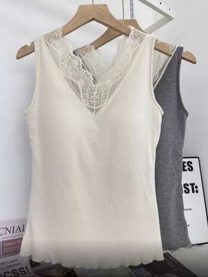 古妃秋冬磨毛蕾丝花边性感v领吊带美背背心女修身显瘦保暖上衣