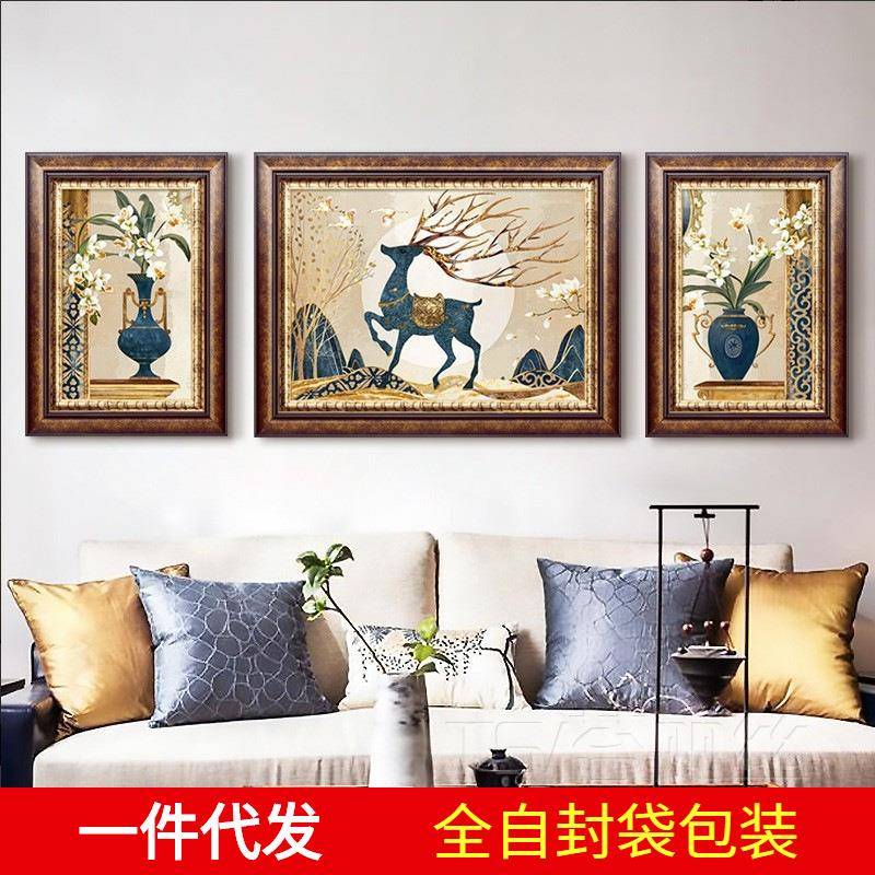 美式5d钻石画满钻客厅发财鹿花瓶钻石绣2019新款贴钻十字绣三联画