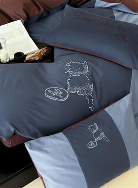 S5881日系100支纯F77TJ6T6棉磨毛刺绣贪.吃猫深蓝色四米件套1.5m8
