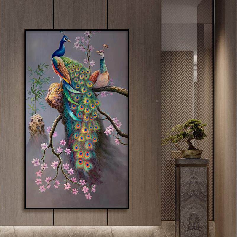 纯手绘玄关油画孔雀装画饰进门入画走户廊客厅高端05壁画挂动物竖