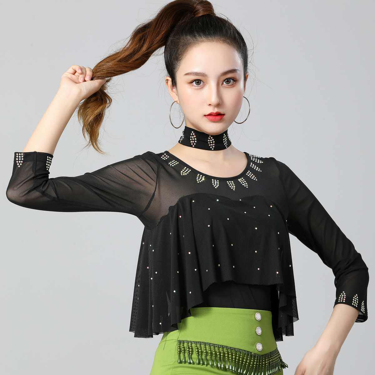 不不吉特巴舞蹈新款网纱燕尾连体长袖上衣拉丁广场舞水兵舞演出服