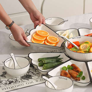 过年团圆拼盘餐具组合套装家用陶瓷扇形餐盘日式创意火锅菜盘盘子