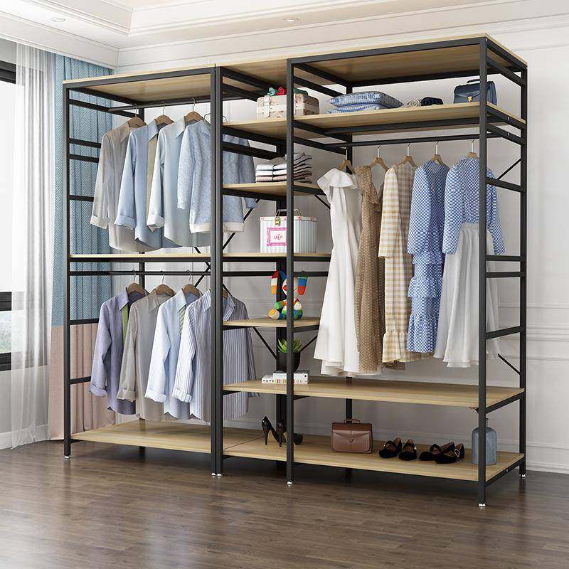 0J家用挂衣架卧室落地收纳开放式衣柜衣帽间简易双层金属多功能置