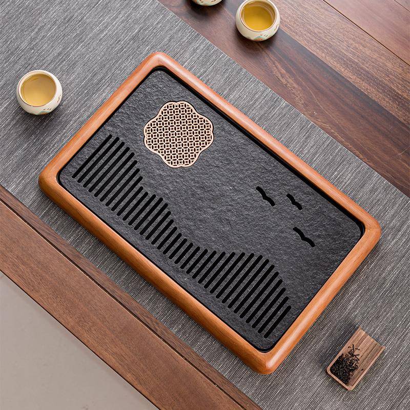 天然乌金石茶盘家用新款实木花梨木茶海储排水两用茶具托盘干泡台