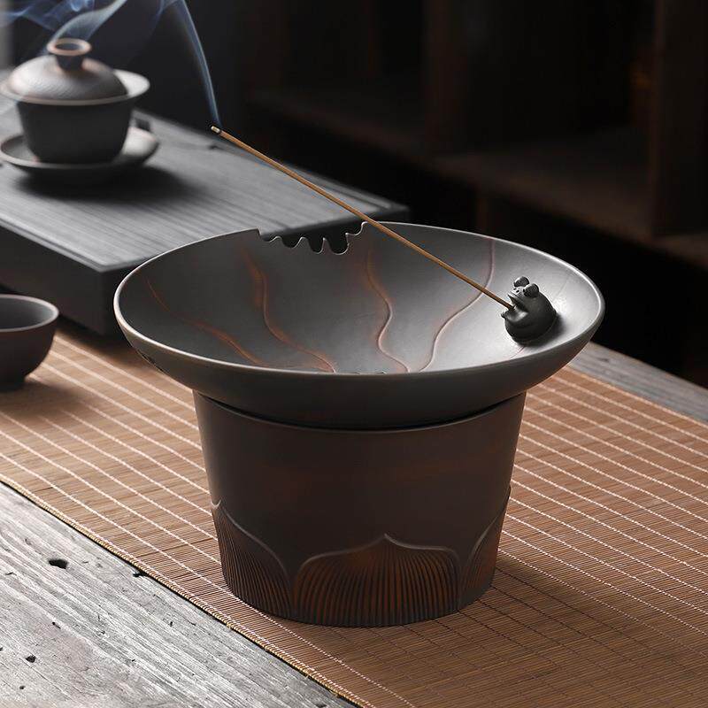 紫陶茶室多功能茶渣缸香插烟灰缸过滤茶渣桶带盖茶洗茶盅水孟