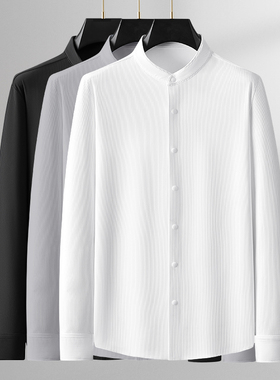 高端中式立领休闲衬衫男士春秋季高级感白色弹力长袖免烫无痕衬衣