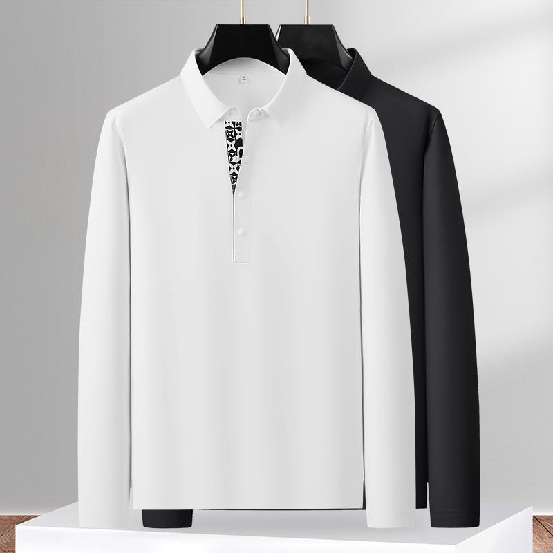 轻奢四粒扣长绒棉长袖POLO衫男秋季通勤百搭抗皱透气休闲翻领T恤