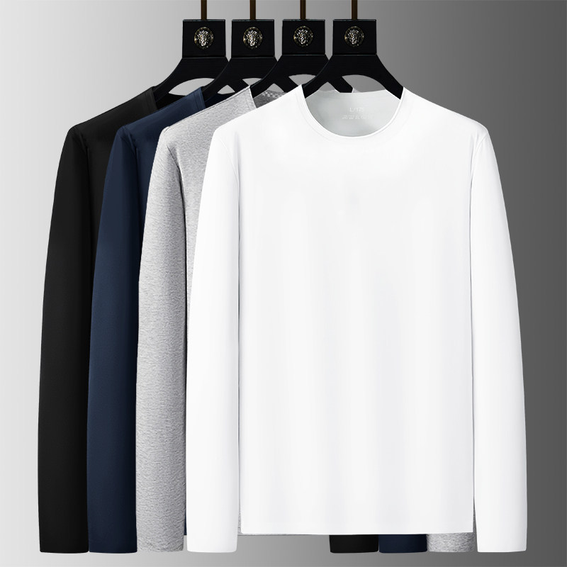 高端长绒棉小白T男秋季长袖圆领T恤黑科技无痕抗皱透气百搭打底衫