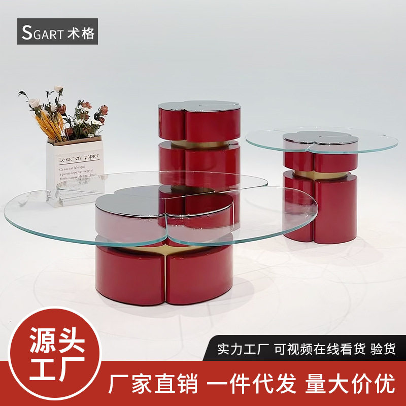 轻奢极简设计师款红色钢化玻璃茶