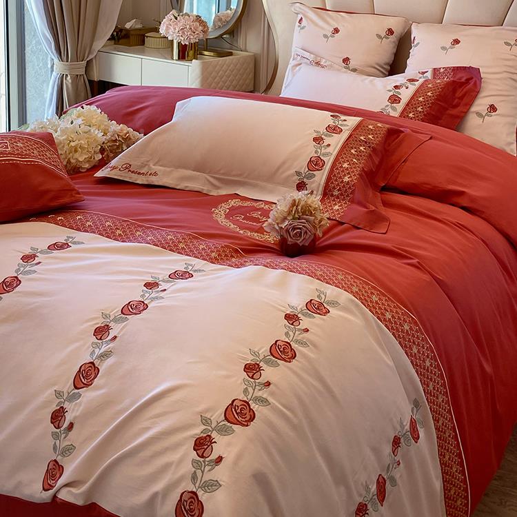 用嫁1支陪20587纯棉新婚品床上m长绒棉喜红色被婚庆四件套结