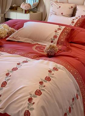 用嫁1支陪20587纯棉新婚品床上m长绒棉喜红色被婚庆四件套结
