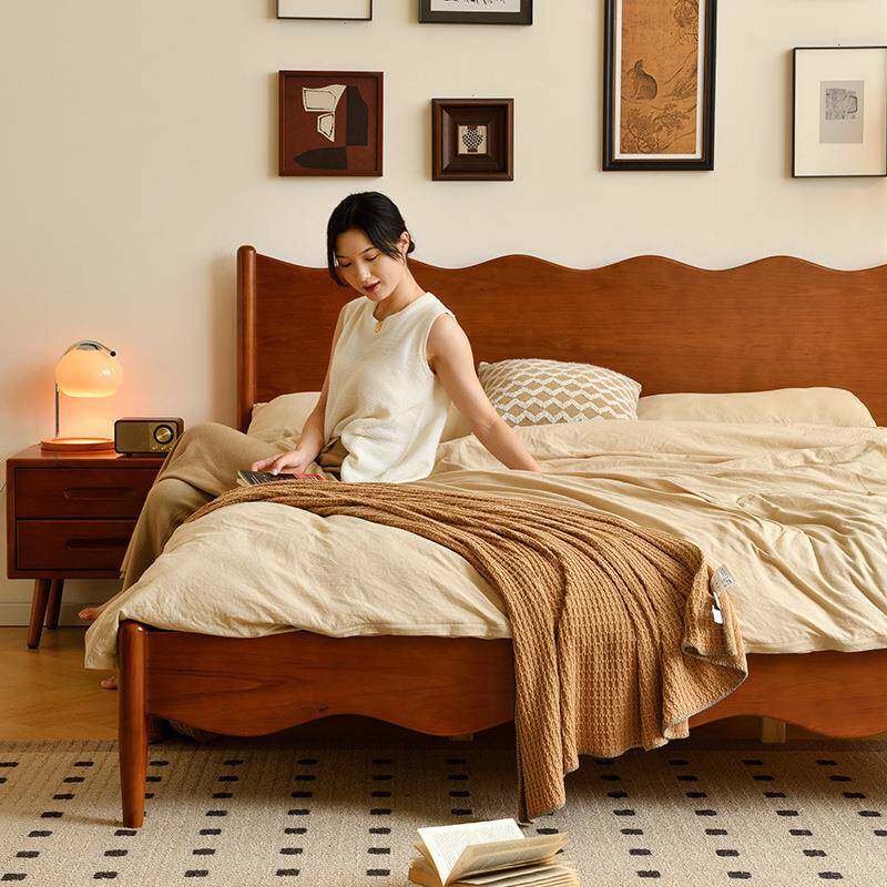 木床双人床1.5米1.古8海浪床海实浪床茶唐色现代简约婚床卧室黄杨