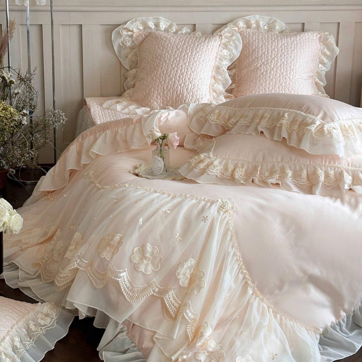 仙女粉色14AON0S长绒棉式四套公法主件风蕾丝边被套床单纯棉全棉