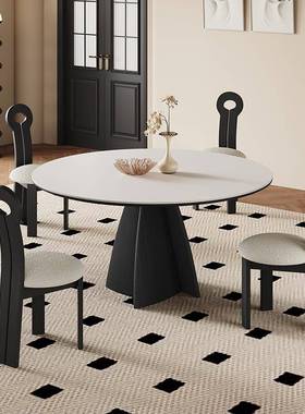 W7法式实木餐家用黑色桌圆形意带转盘纯式现代简约NPU白复古岩板