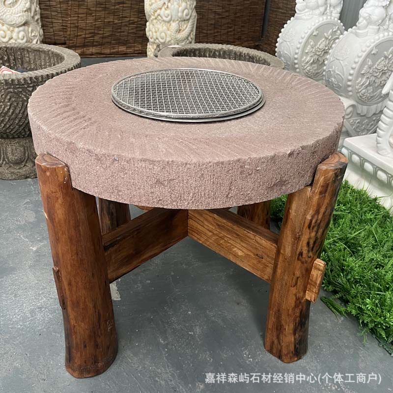 中式复古做旧石磨盘烧烤茶桌