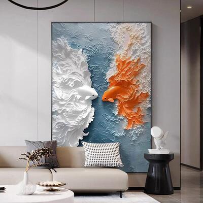 锦鲤客CLW轻奢入户玄关装饰感画年年有鱼立体厅挂画酒店壁海浪画