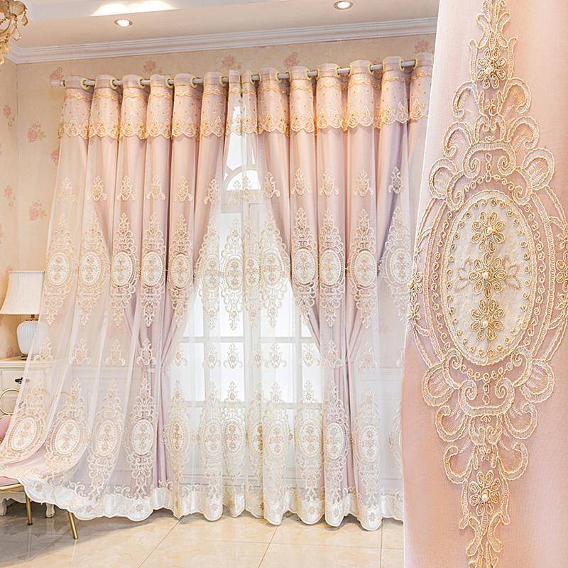 I9EK奢一华式加厚绣花窗帘成品布纱双层ECN体遮光欧客厅卧室麻棉