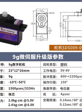 SDS009-001-9克舵机高性价比塑胶齿大扭力顺滑数字伺服电机同ES08