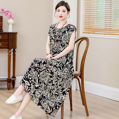 中老年棉绸连衣裙女夏高端加肥加大码女装2024新款妈妈大摆长裙子